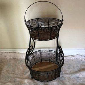 Black Forged Iron & wood Sturdy 2 Tier Fruit Vegetable Display Baskets Stand